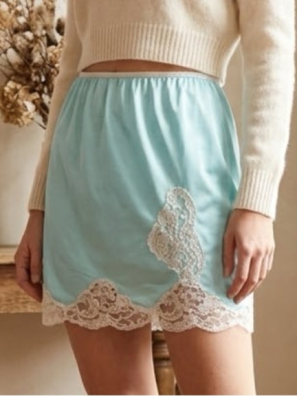 Vintage Seafoam Blue Nylon Lace Trim Mini Slip Skirt - Small